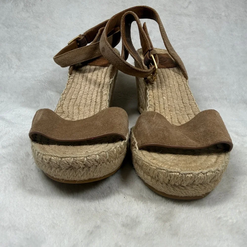 Tory Burch Ines Suede Espadrille Wedge Sandals Brown Ankle Strap 4in Heel 7.5